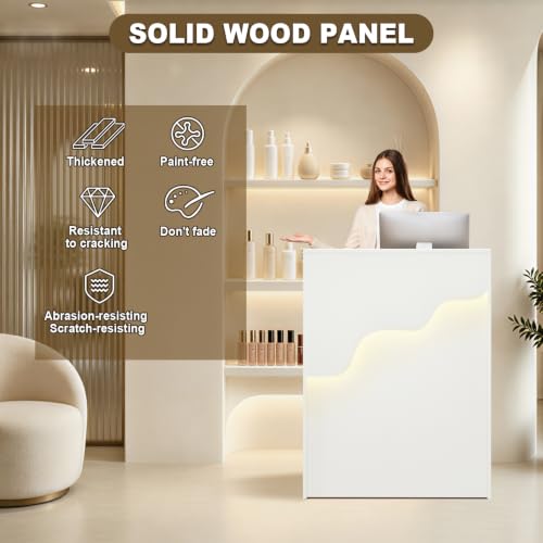 Reception Desk with Counter LED Light, Modern Front Desk with Lockable Drawer, White Retail Checkout Counter for Clothing Store Lobby Beauty Salon (White, 37.8x31.5x15.7in) - size: 37.8x31.5x17.7in