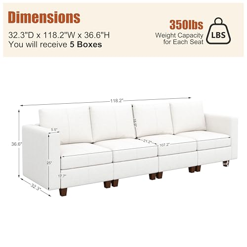 MINCETA Modular Sectional Sofa, Modern Comfy Sofa with Upholstered and Storage Ottoman for Living Room,Bedroom(White, 4 Seat Sofa) - color: White, size: 118.2"W*32.3"D