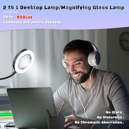 10X Magnifying Glass with Light Clip on Mganifier with 48 LED Lights | Desk Magnifying Glass wtih Clamp, 3 Modes Dimmable Magnifying LED Lamps for Bed Work Crafts DIY