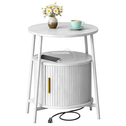 DHH Round End Tables with Charging Station, Fluted Accent Side Table with Sliding Door, Mid-Century Modern Nightstand for Small Space Storage, Living Room, Bedroom,Sofa Couch(1, White) - color: Grayish White