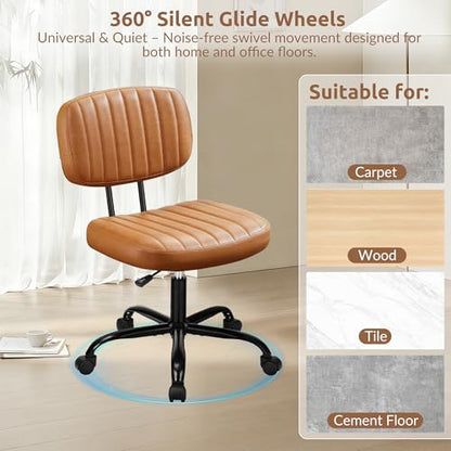 Swivel Rolling Office Chair, Armless Pu Leather Vanity Chair with Back Lumbar Support Height Adjustable Computer Chair, Small Desk Chair for Home Office, Brown - color: Brown