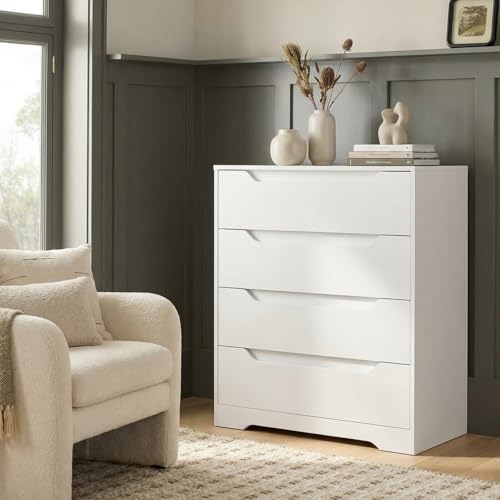 HOSTACK Modern 4 Drawers Dresser for Bedroom, Wood Chest of Drawers, White | White Dresser with Cut-Out Handles, Small Dresser with Storage, 4 Drawers Chest, Tall Storage Dresser for Living Room - color: Classic White