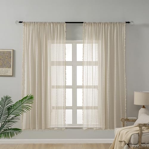 WAZZIO Boho Lace Curtains 63 Inches 2 Panel,Light Filtering Privacy Tassel & Geometry Crochet Semi Sheer Curtain Drapes for Bedroom Living Dining Room,Rod Pocket & Tassel,Vintage French Country,Beige - color: Beige, size: 59"W x 63"L (Pack of 2)