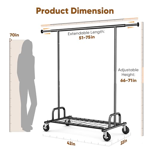 HOKEEPER Clothes Rack Collapsible Clothing Rack Capacity 525LBS Black | Clothing Racks on Wheels Heavy Duty Rolling Clothes Rack for Hanging Clothes for bedroom, Commercial, 22"D x 75"W x 71"H - color: Black