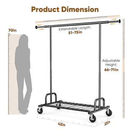 HOKEEPER Clothes Rack Collapsible Clothing Rack Capacity 525LBS Black | Clothing Racks on Wheels Heavy Duty Rolling Clothes Rack for Hanging Clothes for bedroom, Commercial, 22"D x 75"W x 71"H - color: Black