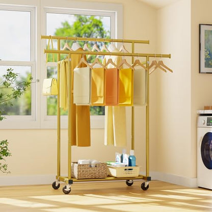 HYSEYY Double Rods Clothes Rack, Sturdy Rolling Clothing Rack, Portable Clothing Racks for Hanging Clothes - Metal Garment Rack Wardrobe Coat Rack for Bedroom Laundry Living Room, Gold - color: Gold