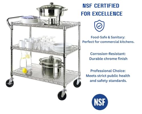 Heavy Duty 3 Tier Rolling Utility Kitchen Cart on Wheels,Large 45"L x 17 1/2"D x 45"H Metal Serving Cart Commercial Grade with Wire Shelving and Handle Bar for Office School Church Kitchen Hardware