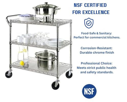 Heavy Duty 3 Tier Rolling Utility Kitchen Cart on Wheels,Large 45"L x 17 1/2"D x 45"H Metal Serving Cart Commercial Grade with Wire Shelving and Handle Bar for Office School Church Kitchen Hardware