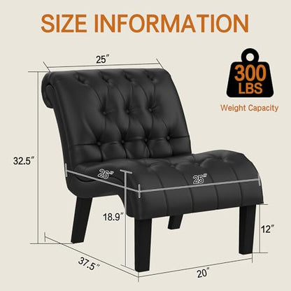 Black Faux Leather Accent Chair Modern Button Tufted Upholstered Armless Chair for Bedroom Living Room with Wood Legs - color: Black Pu, size: 1 Chair