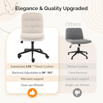 VINGLI Mid Back Armless Office Desk Chair with Wheels/no Wheels,360°Rocking Swivel Vanity Chair with Thickened Cushion,Adjustable Height Rolling for Reading Room, Make up,Linen Beige - color: Beige