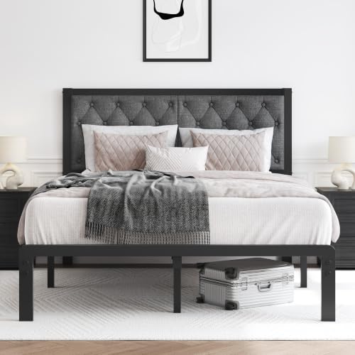 HISOFT Full Bed Frame with Upholstered Button Tufted Headboard, Bed Frame Platform Metal Slats Support, Under Bed Storage, No Box Spring Needed, Noise-Free, Easy Assembly, Grey - color: Grey, size: Full
