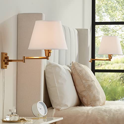 Valentine Warm Gold Swing Arm Plug-In Wall Lamps Set of 2 Light Fixture | Modern White Linen Hardback Shade for Bedroom Bedside House Reading Living Room Home Hallway Dining