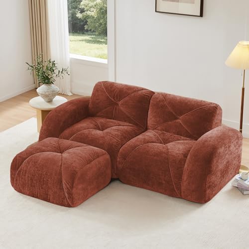 Red Loveseat Sectional Couches for Living Room, Velvet Fabric Boneless Couch, No Assembly Cloud Modular Sectional Sofa Love Seat with 1 Ottoman, Foam Couch Compressed Sofa Set, Sofas para Sala - color: Red, size: 2 Seater + 1 Ottoman