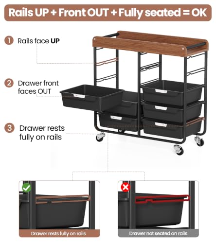 10 Drawers Rolling Cart with Wooden Tabletop, Utility Storage Cart with Wheels, Art Supply Craft Organizer on Wheel with Metal Frame & Handles for Home Office School,Black | Easy Setup, Large Capacity, Sturdy Build, Lockable Mobility, For office, classroo