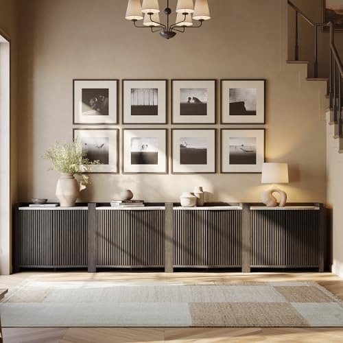 BELLEZE Set of 4 Modular Sideboard Buffet Cabinet with Storage,140 Inch Modern Credenza with Adjustable Shelves, Fluted Black Console Table with Faux Marble Panel for Kitchen, Entryway, Dining Room - color: 35 Inch Ebony, size: 4