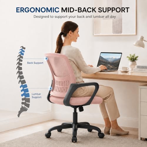 Ergonomic Office Chair, Home Office Desk Chair, Game Chair with Lumbar Support, Breathable Mesh Chairs, Swivel Desk Chairs for Computer, Home, Office, 360° Swivel (Pink) - color: Pink With Fixed Armrest