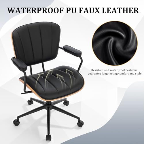 Mid Century Modern Walnut Leather Office Chair with Arms, Black | Fixed walnut bentwood back with armrests, height-adjustable swivel rolling base, PU leather seat, ideal for home office use - color: Black