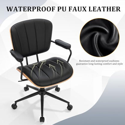 Mid Century Modern Walnut Leather Office Chair with Arms, Black | Fixed walnut bentwood back with armrests, height-adjustable swivel rolling base, PU leather seat, ideal for home office use - color: Black