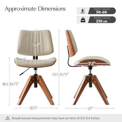 HULALA Home Faux Leather Home Office Desk Chair No Wheels, Ivory | Mid-Century Modern Desk Chair with Wood Legs, 360° Swivel Computer Task Chair with Channel-Tufted Backrest, Height Adjustable - color: Ivory