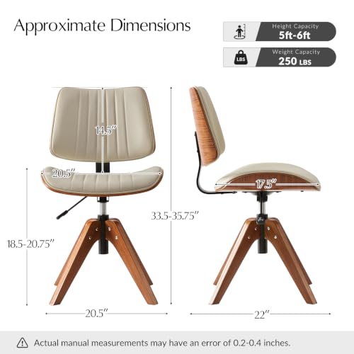 HULALA Home Faux Leather Home Office Desk Chair No Wheels, Ivory | Mid-Century Modern Desk Chair with Wood Legs, 360° Swivel Computer Task Chair with Channel-Tufted Backrest, Height Adjustable - color: Ivory