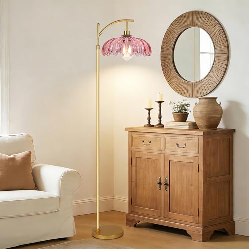 QIYIZM Pink Floor Lamp for Living Room,Bedroom,Gold Dimmable Standing Lamp with Remote,Mid Century Modern Brass Tall Lamp Boho Floor Lamps Arc Stained Glass Flower Floor Light Lamp Girls kids Bohemian - size: 22-Floor Lamp