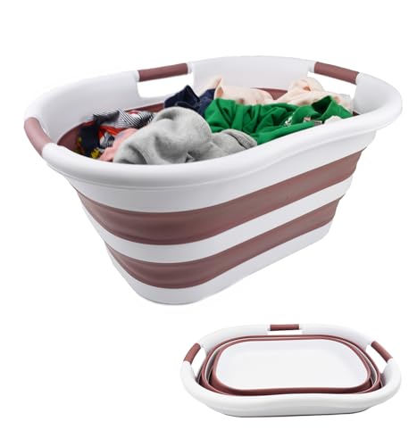 SAMMART 40L (10.5 gallon) Collapsible Plastic Laundry Basket - Foldable Pop Up Storage Container/Organizer - Portable Washing Tub - Space Saving Hamper/Basket (1, White/Dusky Pink) - color: White/Dusky Pink