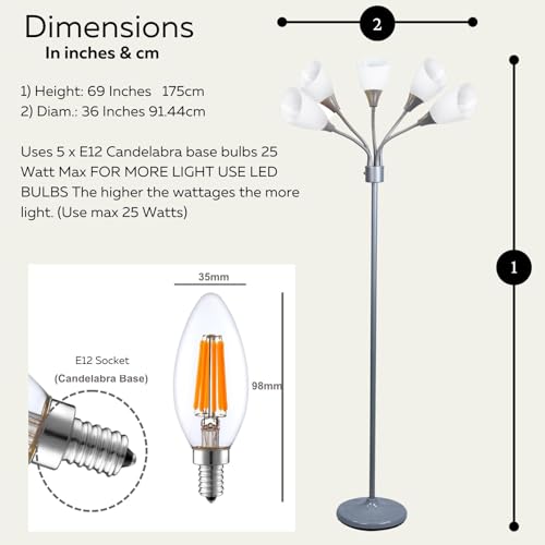 LIGHTACCENTS Medusa 5-Light Floor Lamp – Silver Multi-Head Standing Lamp w/ 5 Adjustable White Acrylic Shades for Bedroom, Living Room, Office, Requires E12 Candelabra-Base LED Bulbs