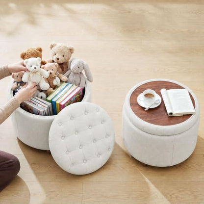 25" Round Ottoman with Storage, Small Coffee Table with Reversible Tray Lid | Tufted Fabric Round Storage Ottoman with Solid Wood Legs, 3-in-1 Footrest for Living Room, Bedroom, Entryway, Beige - color: Beige