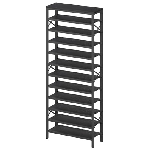 12-Tier Tall Shoe Rack Organizer, Wooden Shoe Storage for Closet Holds 48 Pairs, Sturdy Shoe Shelf with X-Shaped Metal Support, for Entryway, Bedroom, Black SS212BB - color: Black, size: 27.8" x 11" x 81.3"