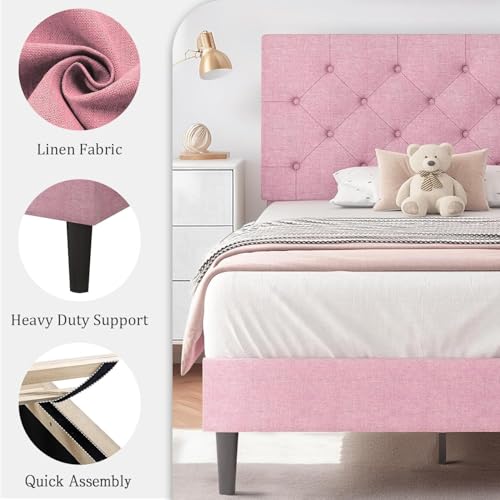HOMBCK Twin Size Bed Frame with Headboard, Pink Upholstered Linen Fabric Bed Frame with Wooden Slats, Twin Bed Frames for Girls, Button Tufted Design, No Box Spring Needed, Pink - color: Pink, size: Twin