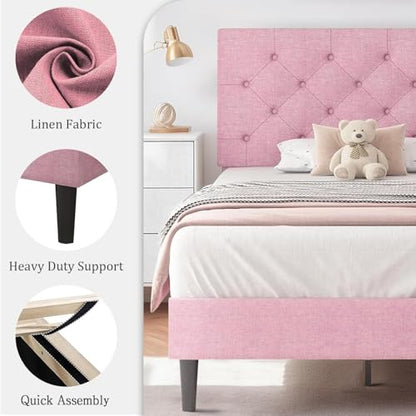 HOMBCK Twin Size Bed Frame with Headboard, Pink Upholstered Linen Fabric Bed Frame with Wooden Slats, Twin Bed Frames for Girls, Button Tufted Design, No Box Spring Needed, Pink - color: Pink, size: Twin
