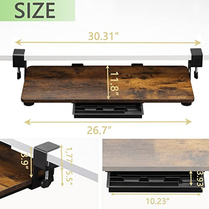 ETHU Keyboard Tray Under Desk, 26.77" X 11.81" Large Size Keyboard Tray with C Clamp-on Mount Easy to Install, Computer Keyboard Stand, Ergonomic Keyboard Tray for Home and Office - color: Woodgrain