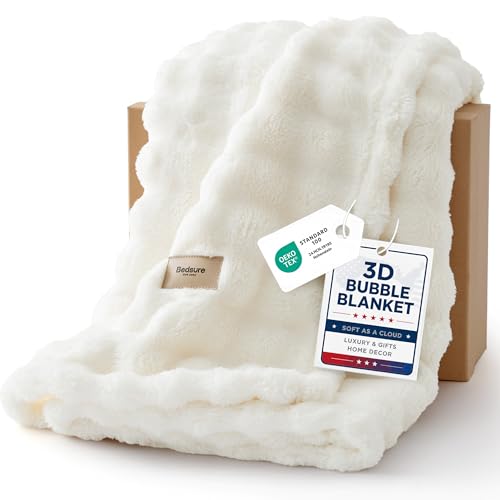Bedsure 3D Fleece Bubble Blanket for Couch - GentleSoft White Throw Blanket for Sofa Bed Room Decor - Luxury Soft Cozy Gifts for Women, Lightweight, All Seasons, Off White, 50"×70" - color: 01 Off White, size: Throw XL (50" X 70")
