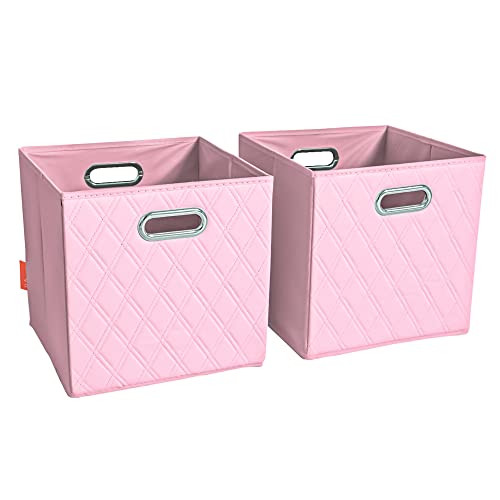 FH Group JIAessentials 13" Faux Leather Foldable Storage Cube Bins Set of 2 – Pink Diamond Patterned Organizers with Handles for Closet & Shelves - color: Pink, size: Large
