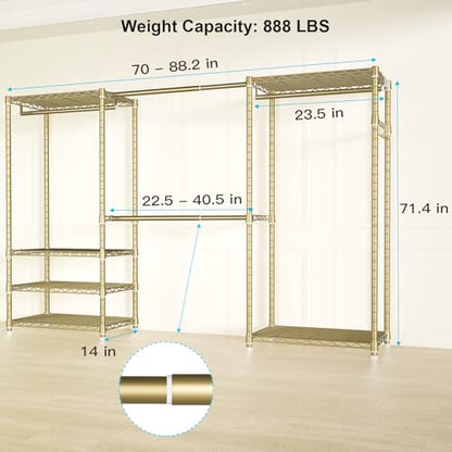E1 Heavy Duty Closet Garment Rack, 6 Tiers Adjustable Clothing Storage | Metal Gold Freestanding Expandable Closets with 4 Hanger Rods, Easy-to-Assemble Wardrobe - color: Gold
