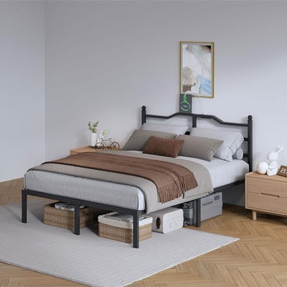 SHOANED 14 Inch Metal Bed Frame - Full Size Heavy Duty Bedframe with Charging Station & Headboard Basic Steel Slats Platform No Box Spring Needed/Easy Assembly/Noise Free - size: Full, style: 14 Inch with Charging Station