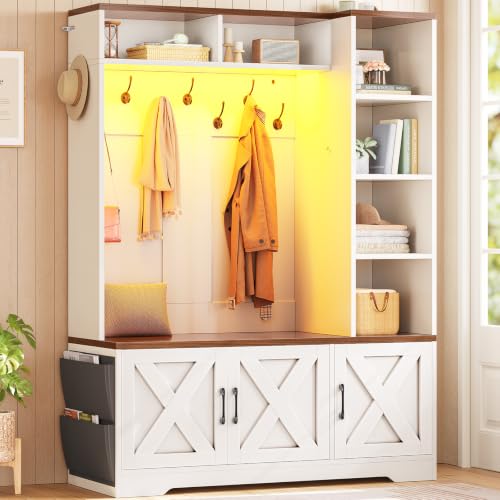 Itaar Hall Tree with Bench and Shoe Storage, Farmhouse Entryway Bench with Coat Rack, Shoe Cabinet with Adjustable Shelves, 6 Storage Cubbies, 10 Coat Hooks, Storage Bag, Led Lights, White - color: White, size: 13.8"D x 43.3"W x 70.9"H