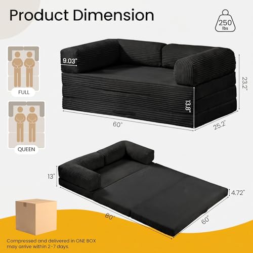 Erament Convertible Sofa Bed, Tri-Folding Mattress Queen Futon Couch Bed, Boneless Sleeper Couch Bed with Removable Armrests & Washable Cover for Guest Room, Living Room, Queen, Black - color: Black, size: Queen