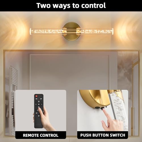 Battery Operated Wall Sconces Set of 2, Gold 20'' Rechargeable Crystal Bubble Wall Sconce with Remote Control, 3000K-6000K Dimmable LED Wireless Wall Lights for Living Room Bedroom Hallway - color: Gold