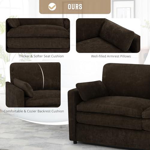 89" Chenille Modern Sofa w/Plump Backrests, Brown | 3 Seater Couch w/Soft Pillows, Comfy Upholstered Couch w/Thicker & Deeper Seats for Living Room, Bedroom - color: Brown, size: Sofa
