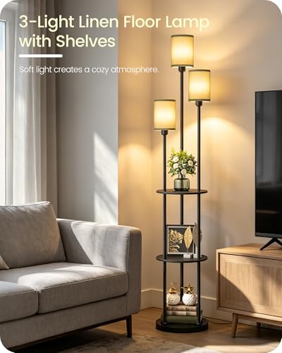 Floor Lamp with Shelves, Modern Floor Lamp with 3 Linen Shades and Foot Switch, 3-Light Standing Lamp, for Living Room, Bedroom, Study, Office, Black and Green J53LD05 - color: Black + Green