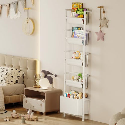 Homeiju Wall Mounted Kids Bookshelf with Storage Bin, 5-Tier Ladder Shelf, Suitable for Books, Toys, Magazines, Documents, Albums, White - color: White