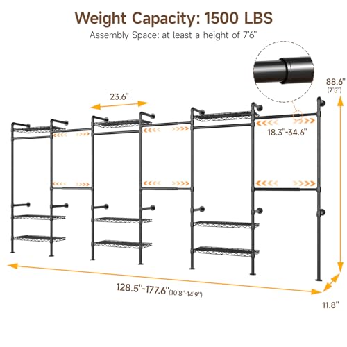 H6 Wall Mounted Closet System, Industrial Pipe Clothes Rack, Black | Metal Clothing Rack with 6 Telescopic Rods & 3 Fixing Rods & 9 Shelves, Heavy Duty Closet Organizers and Storage in Wardrobe - color: Black