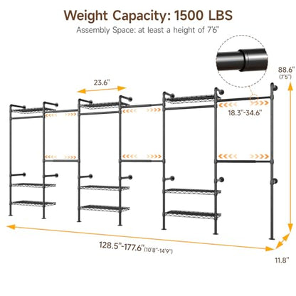 H6 Wall Mounted Closet System, Industrial Pipe Clothes Rack, Black | Metal Clothing Rack with 6 Telescopic Rods & 3 Fixing Rods & 9 Shelves, Heavy Duty Closet Organizers and Storage in Wardrobe - color: Black