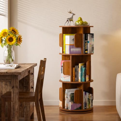 3-Tier 360° Rotating Bookshelf, Round Floor Standing Bookcase with Space Saving Design, Open Storage Shelf for Bedroom, Living Room, Home Office,Brown - color: Brown, size: 3 Tier