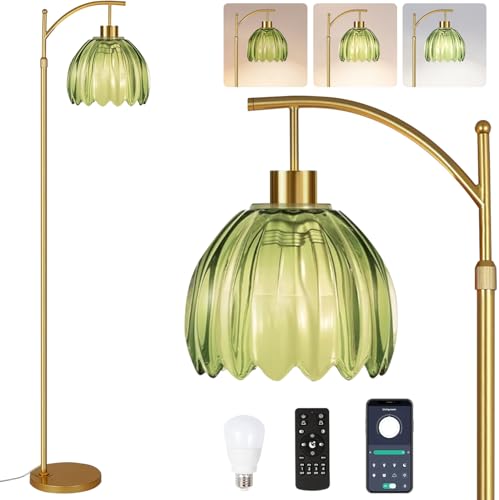 ILLMTW Glass Floor Lamp for Living Room,Bedroom,Gold Mid Century Modern Standing Lamp with Remote,Dimmable Brass Tall Lamp Vintage Tulip Green Arc Flower Floor Light Boho Bohemian - size: Floor Lamp-19