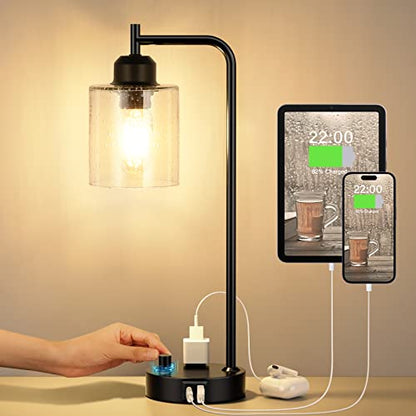 Industrial Desk Lamp, Fully Dimmable Small Bedside Table Lamp, Black, USB C | Glass Shade, USB C+A Charging Port & Outlet, Lamps for Bedroom, Night Stand, Home Office, Living Room - color: Clear Seeded