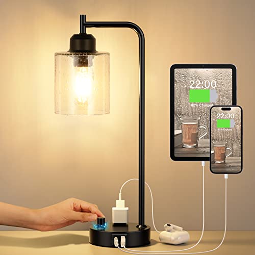 Industrial Desk Lamp, Fully Dimmable Small Bedside Table Lamp, Black, USB C | Glass Shade, USB C+A Charging Port & Outlet, Lamps for Bedroom, Night Stand, Home Office, Living Room - color: Clear Seeded