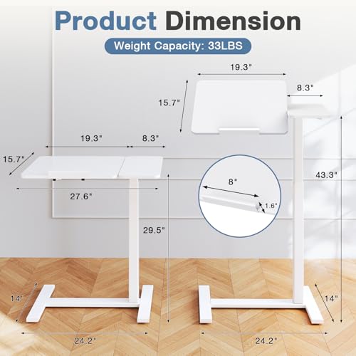 DUMOS Adjustable Bedside Overbed Table with Wheels, White | Laptop Standing Desk with Tilting Top Height, Mobile Rolling Computer Cart for Hospital Home Bedroom Use - color: White, size: 27.5" x 15.7" x 43.3"