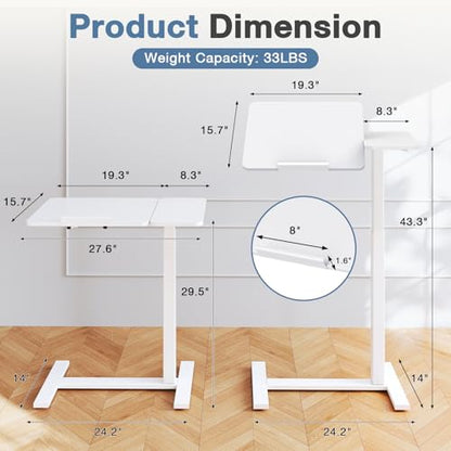 DUMOS Adjustable Bedside Overbed Table with Wheels, White | Laptop Standing Desk with Tilting Top Height, Mobile Rolling Computer Cart for Hospital Home Bedroom Use - color: White, size: 27.5" x 15.7" x 43.3"
